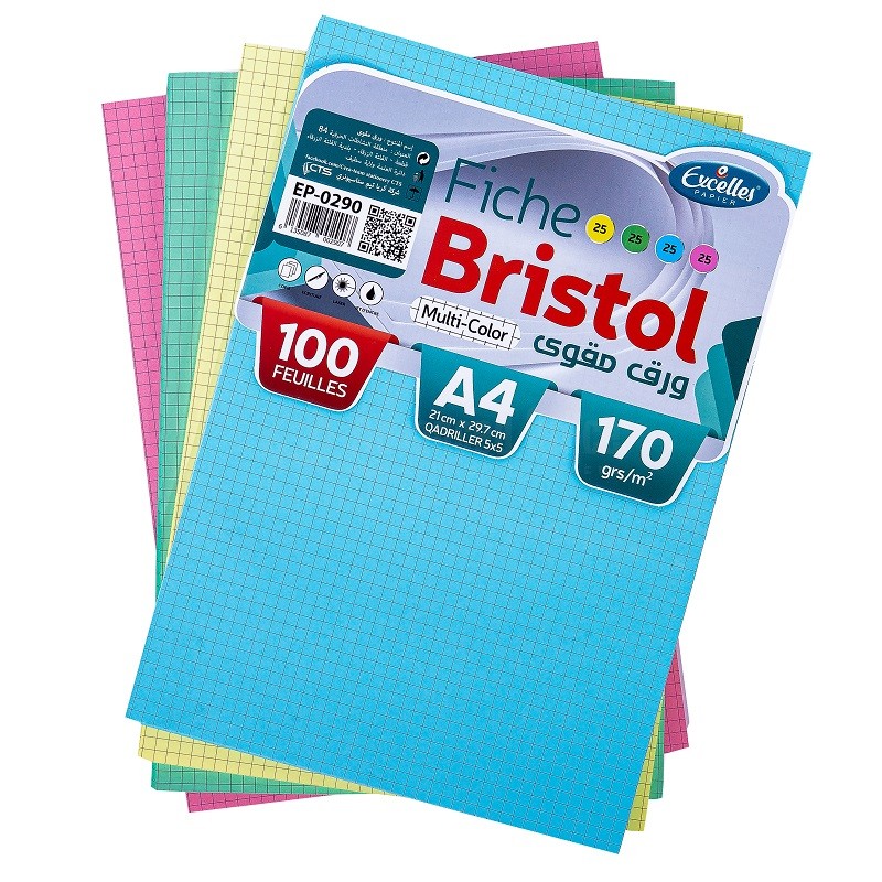Pochette papier Bristol EXCELLES A4 180g 25 Feuilles 4 Couleurs - Fiche  Bristol Quadrillée - Feuilles et Papiers - Articles scolaires - Tous ALL  WHAT OFFICE NEEDS