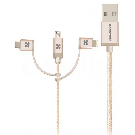 Câble Data PROMATE UniLink-Trio, 3 en 1 USB Type-C vers Micro USB, Lightning et USB-C à Recharge Ultra-rapide 2.1A, Tressé 1.2m Doré