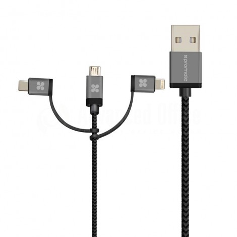 Câble Data PROMATE UniLink-Trio, 3 en 1 USB Type-C vers Micro USB, Lightning et USB-C à Recharge Ultra-rapide 2.1A, Tressé 1.2m Gris