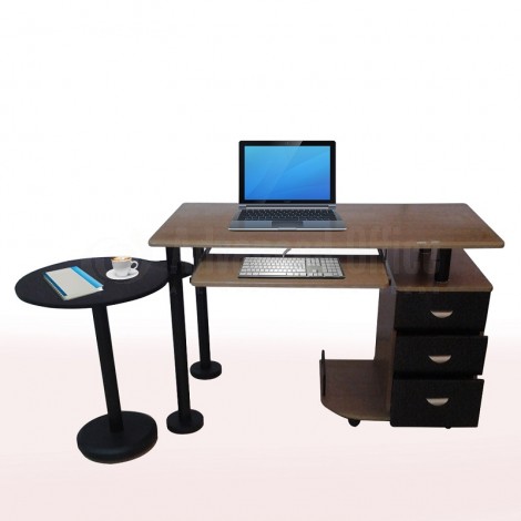 Table pour PC, tiroir clavier en bois Marron clair, 3 tiroirs et retour fixe rond pour imprimante Noir ST-F1083