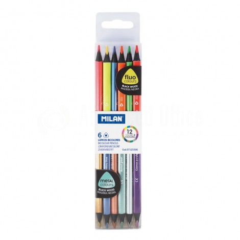 Boite de 6 Crayons de couleurs MILAN 231 bicolores Triangulaires (6 couleurs fluo + 6 couleurs métallisées)