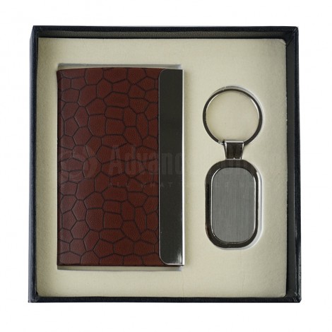 Coffret (Porte clé rectangle à coins arrondis + Porte carte visite Crocodile Marron)