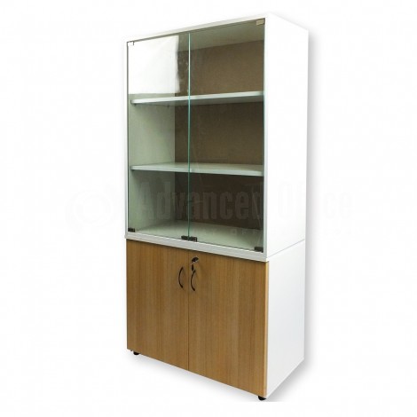 Armoire haute semi vitrée HUGO 1.40 x 0.90m Beige et Blanc