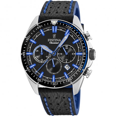 Montre chronographe pour Hommes FESTINA F20377 Bracelet en cuir Noir Tissé en fil Bleu