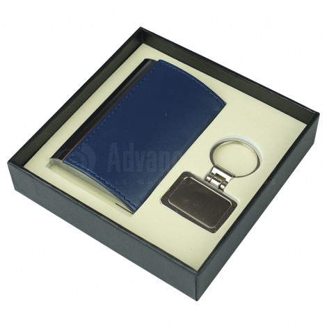 Coffret RIDDEX 2 pièces (Porte carte visite bombé Bleu, Porte clé chromé Multi formes)