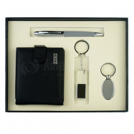 Coffret Luxe RIDEX 4 pièces (Portefeuille cuir Noir + Stylo roller OXFORD + Porte clé chromé + Flash disk 16Go)