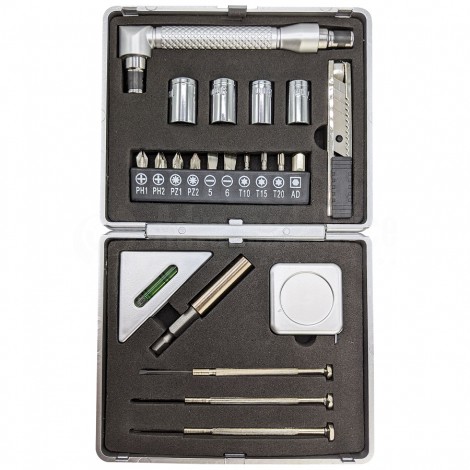 Mini Boite à Outils 5 Pièces (3 Tournevis, Clé à pipe/Tournevis à tête interchangeable, Mini Mètre 1m, Mini Niveau à bulle, Mini cutter) en Argent Chromé