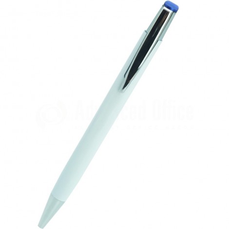 Stylo de sérigraphie rétractable  Blanc, Clips Chromé, Bouton Bleu