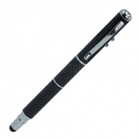 Stylo 4 en 1 (stylo à bille + stylet + pointeur laser+ lampe LED) Noir à Clips chromé
