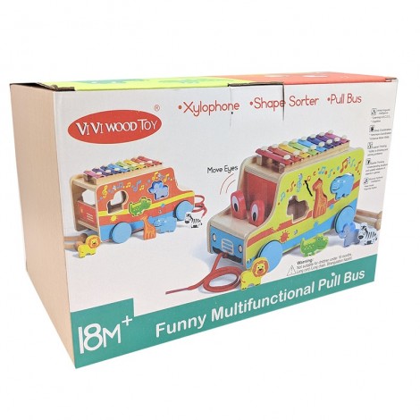 Jeux éducatif en bois Funny Multi-function Pull Bus Puzzle Animaux, Xylophone pour enfant +3 ans