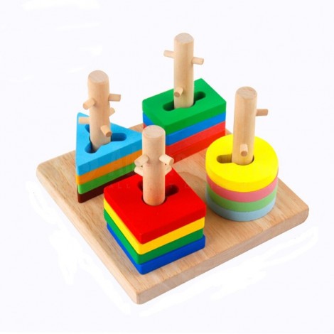 Jeux éducatif en bois Shape of the column Game Puzzle d'empilage de forme géométrique 4 Colonnes en plastique, base et formes en bois 16 pcs. de Multi couleurs pour enfant +3 ans