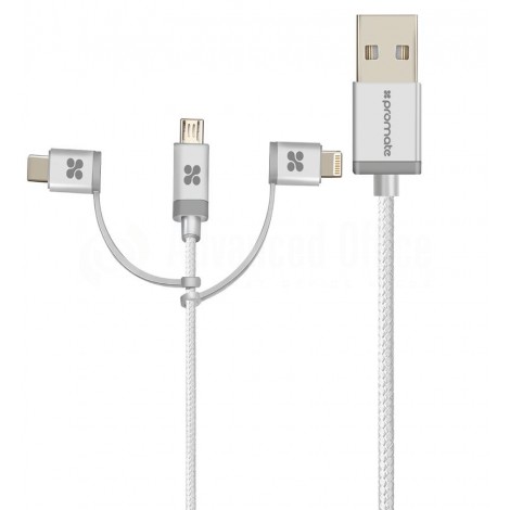 Câble Data Apple MFi PROMATE UniLink-Trio, 3 en 1 USB Type-C vers Micro USB, Lightning et USB-C à Recharge Ultra-rapide 2.1A, Tressé 1.2m Argenté