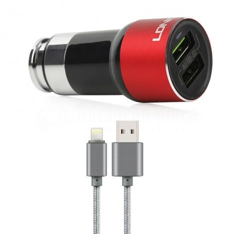 Chargeur Adaptateur Automobile LDNIO Auto-ID C303, 2 Ports USB 3.6A avec câble Data Lightning pour téléphone portable iOS