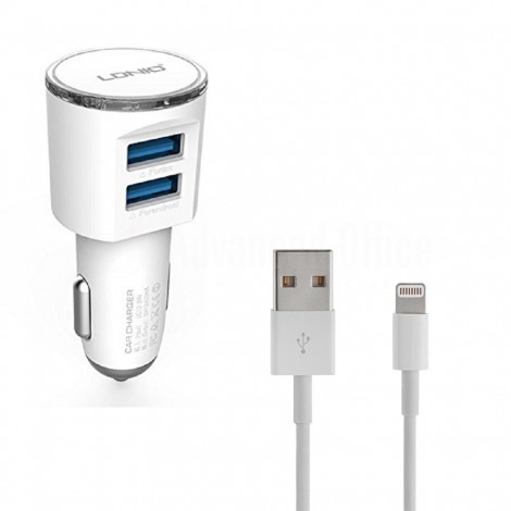 Chargeur Adaptateur Automobile LDNIO DL-C29, 2 Ports USB 3.4A avec câble Data pour téléphone portable Android/iOS