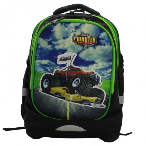 Sac à Dos Scolaire H-DJ SCOLAIRE "Monster Trucks" B01202, 2 Compartiment, Poche avant Motif 4x4 Monster trucks conteur cousu + 2 Poches latéral élastique, pour Garçon, Dos orthopédique Mesh back cooling system Anatomic Air System, Noir-vert