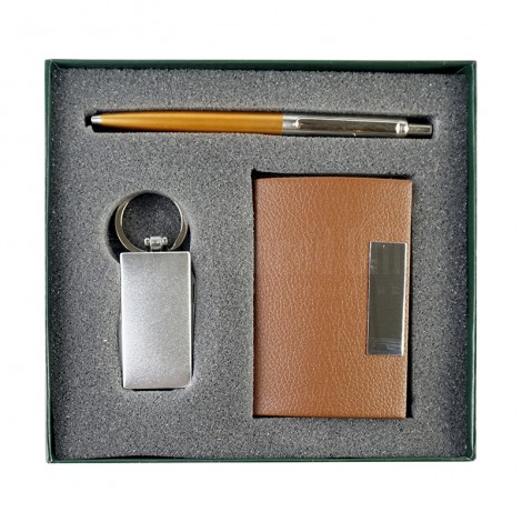 Coffret 3 pièces (stylo Métal Orange, porte carte visite Marron, Porte clé Multi fonction)