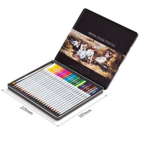 Boite métallique de 24 Crayons Aquarelle professionn0el DELI Water Color Pencils  + Pinceau