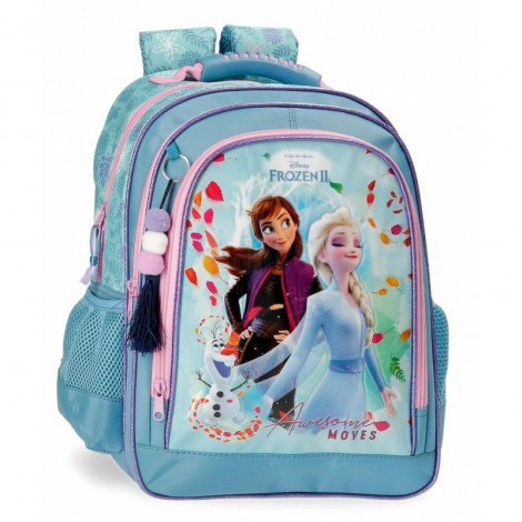 Sac à dos scolaire Disney Frozen II, 1 Compartiment, 2 Poches avant Motif Elsa et Anna Awsome Moves, 2 Poches latérales filet élastique, en Polyester 29 x 38 x 16cm, Bleu