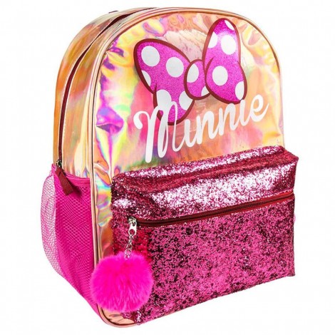 Sac à dos scolaire CERDA Brillant métallisé, 1 Compartiment Motif Minnie Mouse Disney, Poche avant à paillette Rose, 2 Poches latéral filet élastique, en Polyester 31 x 40 x 13cm, pour Fille, Gold