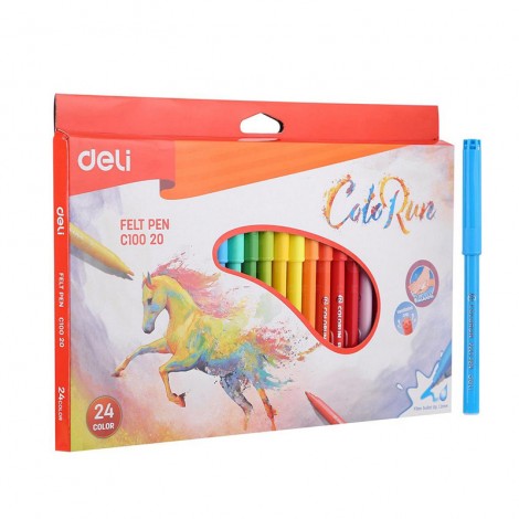 Boite de 24 Stylos Feutres scolaire DELI ColoRun C100 20, Pointe 1.0mm, Lavable