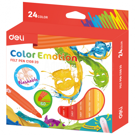 Boite de 24 Stylos Feutres scolaire DELI Color Emotion C108 20, Pointe 6.0mm, Lavable