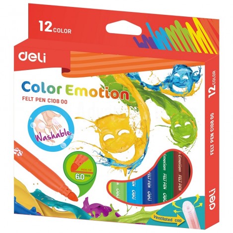 Boite de 12 Stylos Feutres scolaire DELI Color Emotion C108 00, Pointe 6.0mm, Lavable