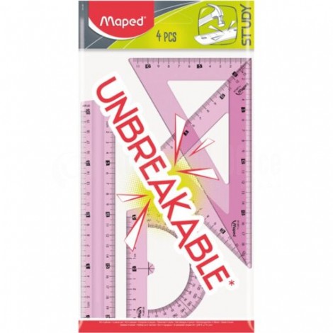 Ensemble géométrique MAPED Study Unbreakable de 4 pièces (Règle 20cm, 2 Equerre 45°-21cm + 60°-21cm, Rapporteur 180°) en plastique cristal transparent Multi couleurs