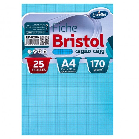 Paquet de 25 fiches Bristol EXCELLES quadrille 5*5 A4 170g, Bleu