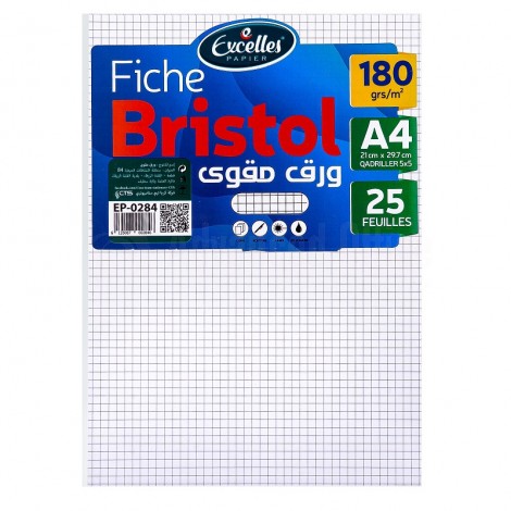 Paquet de 25 fiches Bristol EXCELLES quadrille 5*5 A4 170g, Blanc