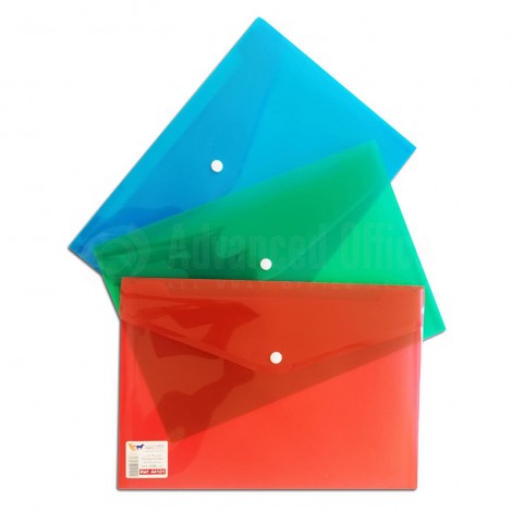 Pochette enveloppe à bouton PP FC 260 x 360mm en plastique Transparent Couleur (Rouge/ Bleu/ Vert)