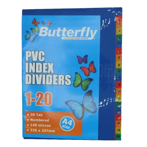 Intercalaire Butterfly HJ-20N A4 225 x 297mm 140mic 1-20 couleur en PVC