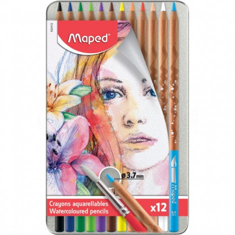Boite métallique de 12 Crayons de couleur artistes Aquarellables MAPED à Mine tendre et résistante 3.7mm avec pinceau