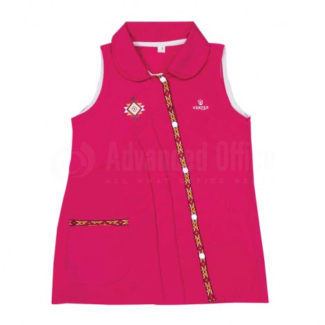 Robe tablier primaire VERTEX TAB-RS014 à col, Fermeture central à boutons, Sans manches, 1 Poche, Rose à bande marron à Motif losanges jaune et rouge tissé pour Fille9-10- 11-12-13-14 ans avec Bavette