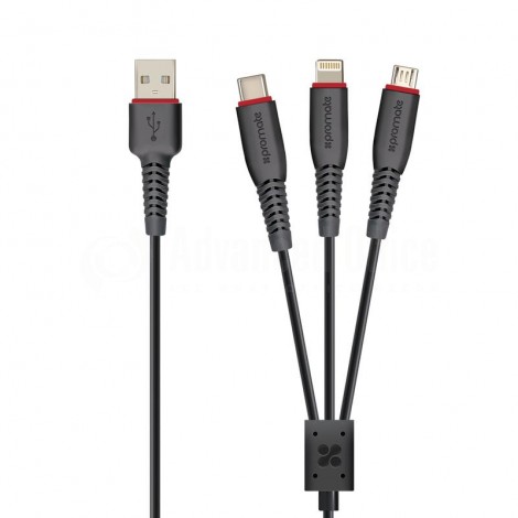 Câble Data PROMATE FLEXLINK-TRIO, 3 en 1 USB Type-C vers Micro USB, Lightning et USB-C, ExoFlex 1.2m, Noir