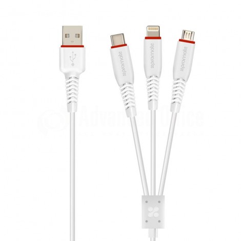 Câble Data PROMATE FLEXLINK-TRIO, 3 en 1 USB Type-C vers Micro USB, Lightning et USB-C, ExoFlex 1.2m, Blanc