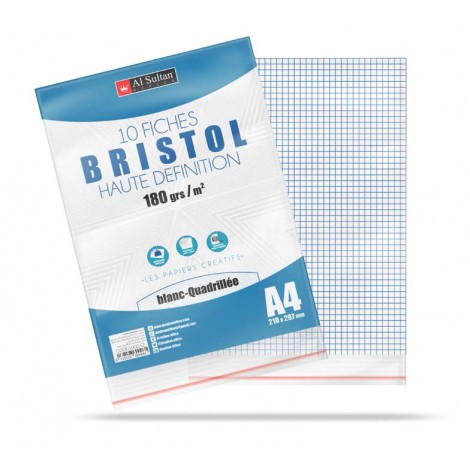 Paquet de 10 fiches Bristol AL SULTAN A4 180g Quadrillée blanc