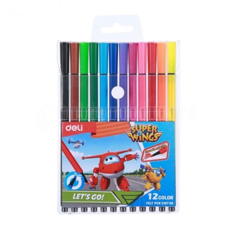 Pochette de 12 Stylos Feutres scolaire DELI Super Wing Let's go C107 00, Pointe 2.65mm