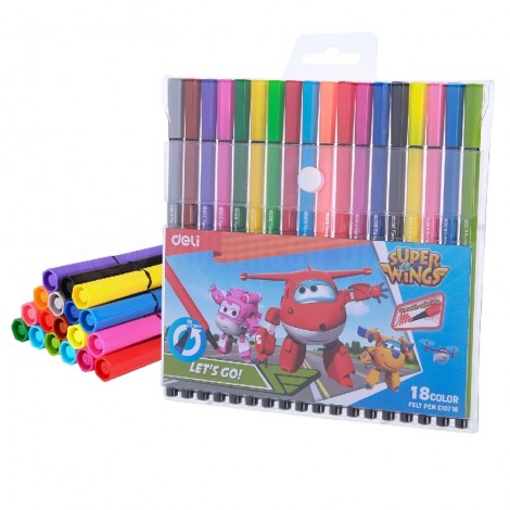 Pochette de 18 Stylos Feutres scolaire DELI Super Wing Let's go C107 10, Pointe 2.65mm