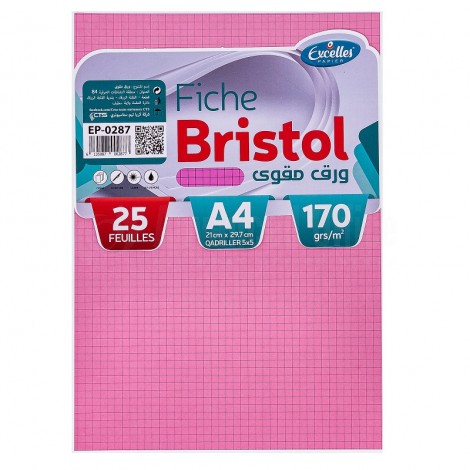 Paquet de 25 fiches Bristol EXCELLES quadrille 5*5 A4 170g, Rose