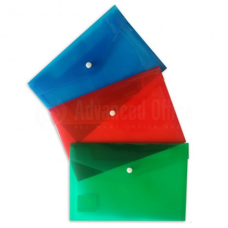 Pochette enveloppe à bouton PP C5 180 x 260mm en plastique Transparent Couleur (Rouge/ Bleu/ Vert)