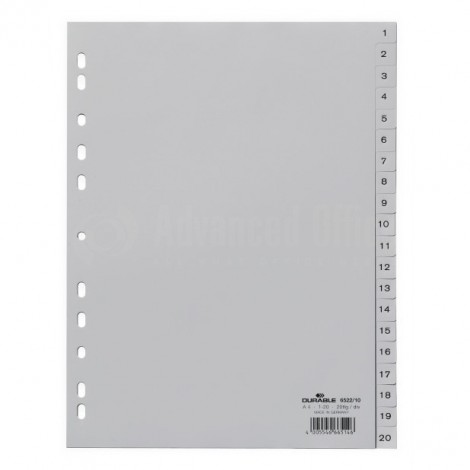 Intercalaire INDEX  A4 1-20 en plastique Gris