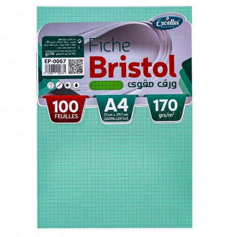 Paquet de 100 fiches Bristol EXCELLES quadrille 5*5 A4 170g, Vert