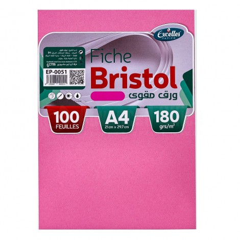 Paquet de 100 fiches Bristol EXCELLES A4 180g, Uni Rose