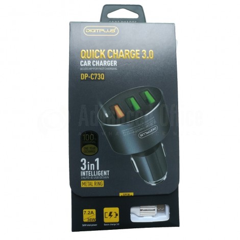 Chargeur Auto DIGITPLUS DP-C73Q Double USB 5V/2.4A, Quick Charge 3.0 Gris avec câble 1m Type-C