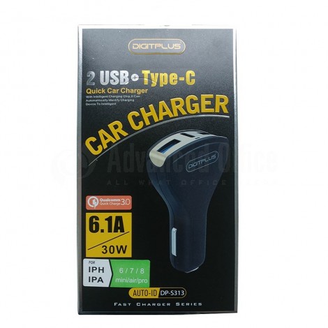 Chargeur auto DIGITPLUS DP-S313 Quick charge 3.0 6.1A/30W, 2 USB, Type-C avec câble Micro USB pour Smartphone et Tablette, Noir