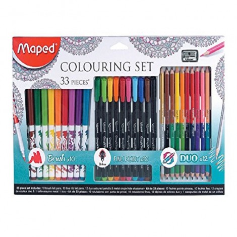 Kit de coloriage MAPED Colouring Set, 33 pièces, 10 Feutres pinceau pointe fine, 10 Feutres 0.4mm, 12 Crayons de couleur Duo (24 Couleurs) + Taille crayon