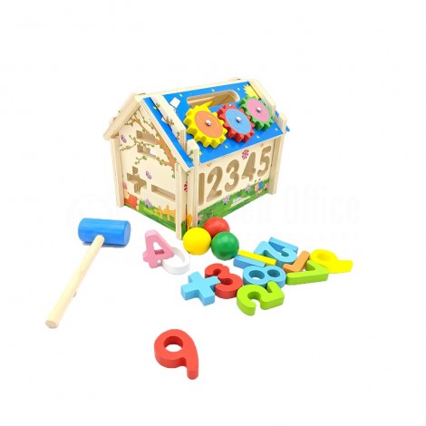 Jeux éducatif en bois Multi-functional Intelligent house jeu d’assemblage Maison Puzzle Chiffres et Formes, Horloge avec petite marteau de construction pour enfant +3 ans