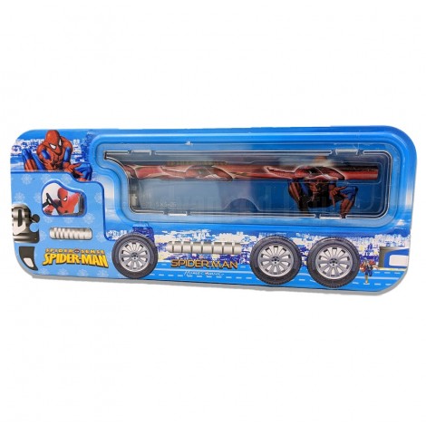 Trousse Scolaire Métallique GOLDEN Spider Man Homecoming Forme Bus Motif Spider Man inclus tableau de multiplication + Règle 15cm, Crayon et gomme Motif Spider Man, Taille crayon