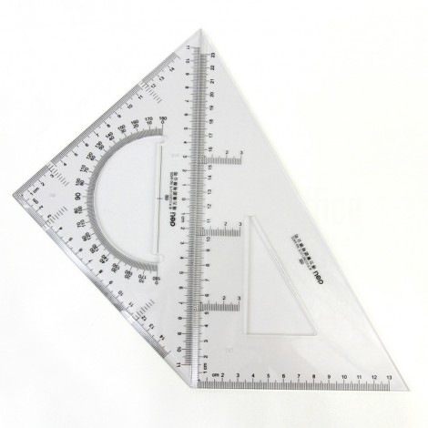 Kit de traçage 2 pièces DELI 6435 (Equerres 33/19 cm - 60° + Règle triangle 15 cm 2 usages Equerre 20 cm - 45° Rapporteur 180°) en Plastique acrylique Transparent