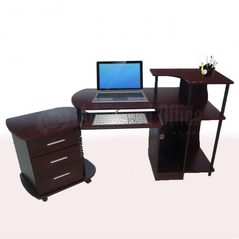 Table en bois pour PC, Tiroir clavier, emplacement imprimante, avec caisson mobile 3 tiroirs à clé, Marron
